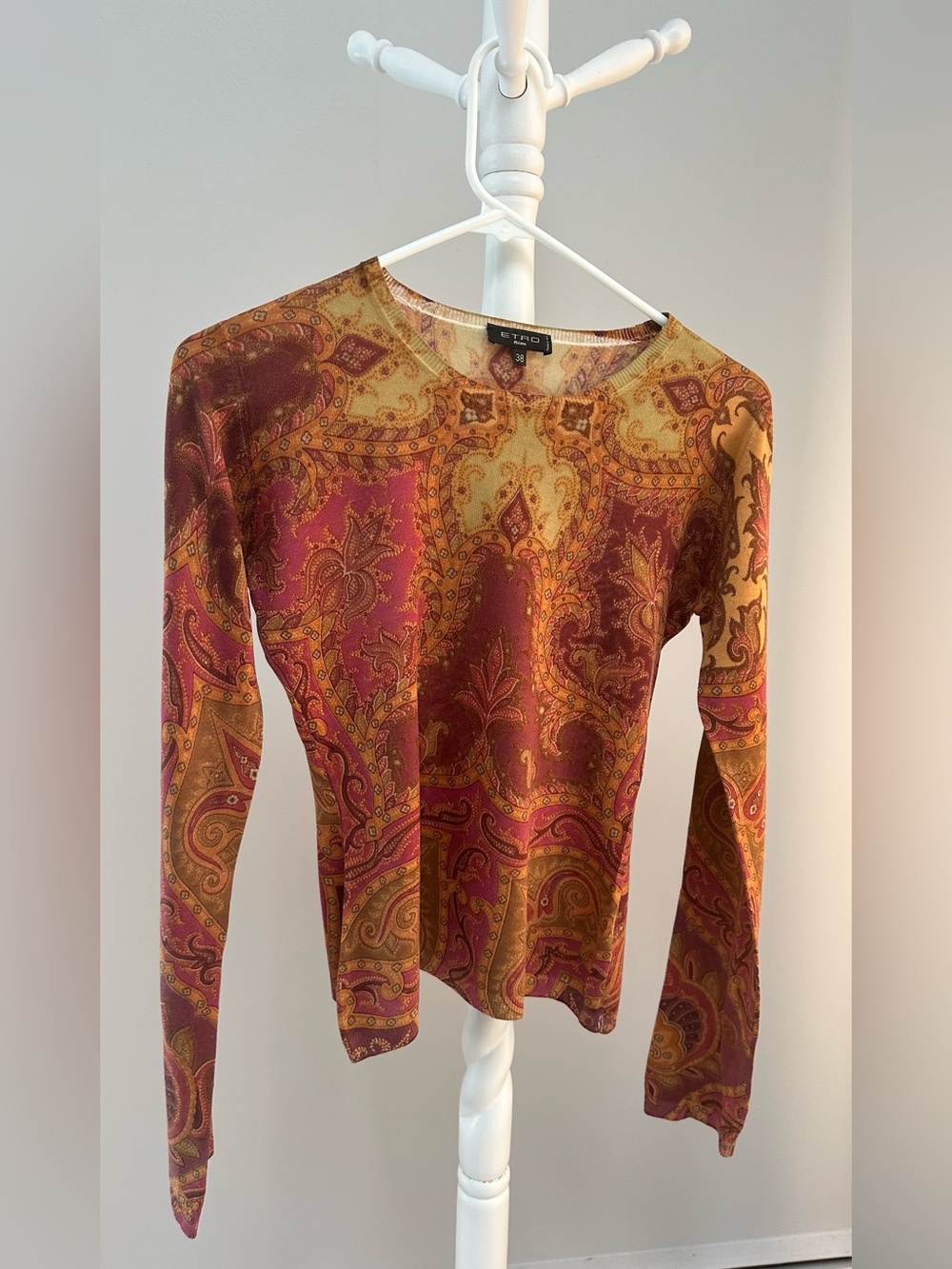 ETRO Milano Silk Cashmere Paisley Long Sleeve Top Size 38 XS Made in Italy